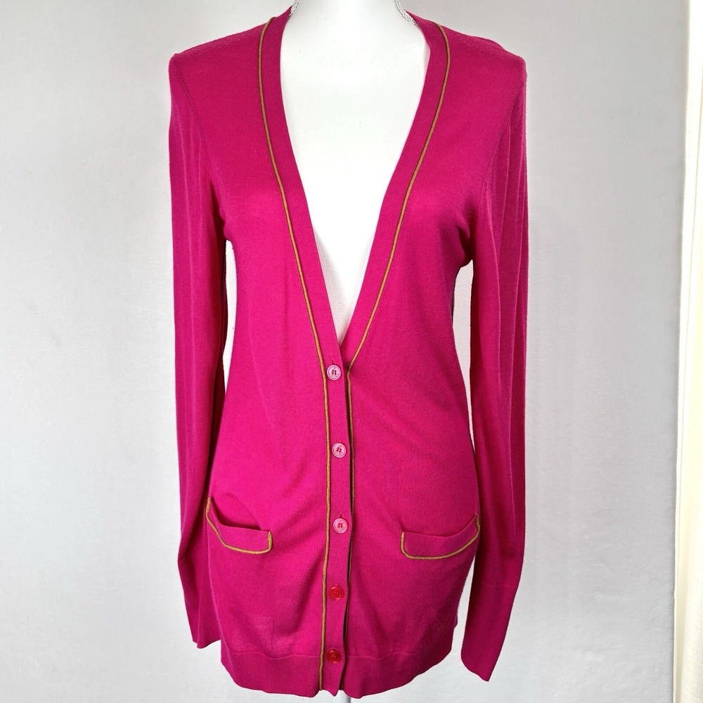 Zac Posen Z Spoke Hot Pink Silk Cashmere Cardigan Sweater XL Green Piping 108970